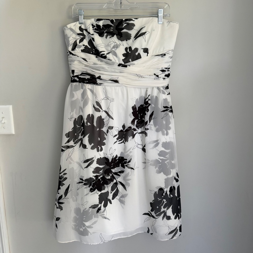 NEW Ann Taylor Black White Floral Strapless Dress Ruched Pleats 12P Petite NWT